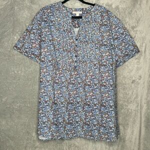 Women. Within 3X Shirt Top Blue Floral Flower Short Sleeve Henley V Neck Cotton
